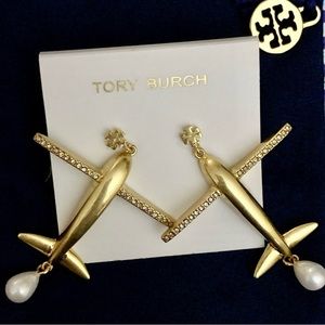 New Tory Burch Gold/Pearl Airplane Drop Earrings